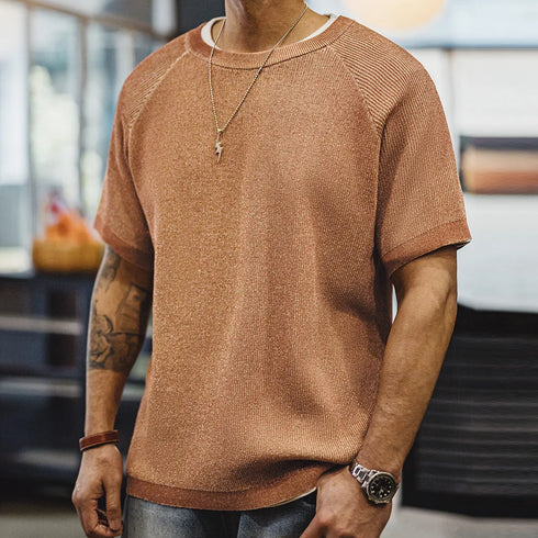 Vintage Orange Knit T-Shirt – Men’s Loose Fit Summer Street Tee